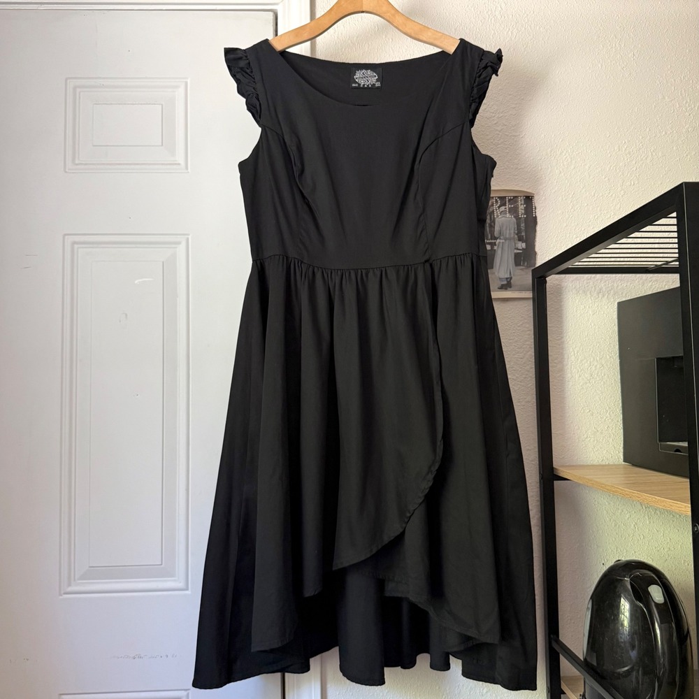 HEARTS & ROSES black ruffle sleeveless cotton boat retro pinup goth midi dress